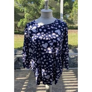 Kim Rogers Perfectly Soft Heart Print Knit Top Shirt Women's 1X Navy Pink